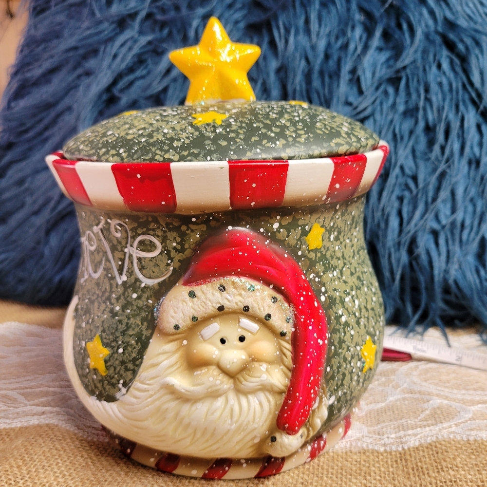 Vintage Huntington Ceramic santa  cookie jar hand painted-green/red
